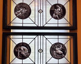 ANTIQUE - 6 SECTIONS OF GLASS WINDOWS - FROM LATE 1800'S-EARLY 1900'S. FROMO OLD GERMAN HOUSE, PANELS WERE HAND STAINED & LEADED. THE STORY OF FOOD - BEGINNING OF LIFE - FIRST FOOD - TOO MUCH FOOD - ROMAN ORGY