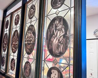 ANTIQUE - 6 SECTIONS OF GLASS WINDOWS - FROM LATE 1800'S-EARLY 1900'S. FROMO OLD GERMAN HOUSE, PANELS WERE HAND STAINED & LEADED. THE STORY OF FOOD - BEGINNING OF LIFE - FIRST FOOD - TOO MUCH FOOD - ROMAN ORGY