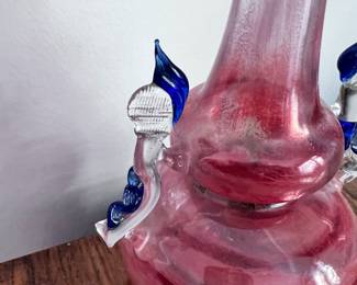 VINTAGE BULBOUS BLOWN VASE WITHCLEAR AND BLUE HANDLES