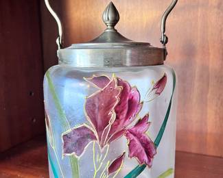 MONT JOIE GLASS BISCUIT BARREL JAR WITH SILVERPLATE TOP, IRIS ENAMEL CIRCA 1900
