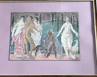 W. Lena Watercolor 1952 5 People & Dog Framed Art. Measures 24" x 30" overall including Frame