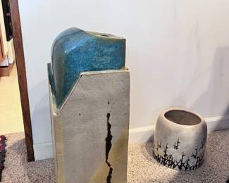 GERMAN ARTIST 1972 HAND BUILT STONEWARE VASE BLUE AND BEIGE