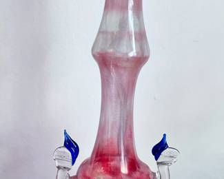 VINTAGE BULBOUS BLOWN VASE WITHCLEAR AND BLUE HANDLES