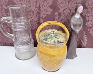 LATE 1800 GERMAN BEER PITCHER, ANTIQUE YELLOWARE HANDLED POTTERY