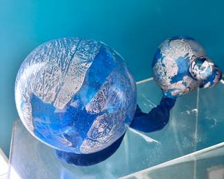 2 PART BLUE & SILVER GLASS SCUPTURE "THE SUN AND THE EARTH" 1976 GERMAN ARTIST ONCE SHOWN AT GALLERY