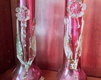 Victorian Glass Vases with applied flowers and petal feet