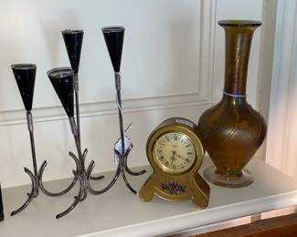 MCM Vtg. Candle holders, clock and iridescent vase