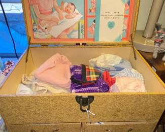 Vtg. Doll and clothing chest with amazing interior graphics
