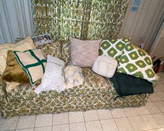 Vintage 3 seat sofa with floral slipcover … notice the matching fabric drapes 