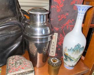 Vtg. Silver plate cocktail shaker - decorative Asian vase with shipping box 