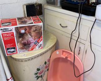 Vtg. Hamper, baby bath , irons and more 