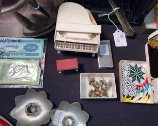 Costume jewelry , Vtg bank notes and pewter candle holders 
