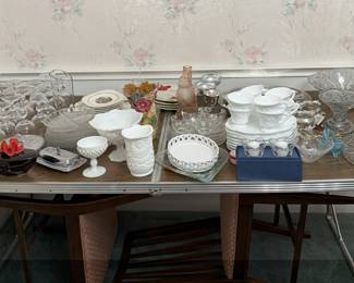 Milk Glass, Vintage Crystal, Silver pieces, Federal Homestead Glass, Vintage Indiana Grape Harvest Colony Milk Glass, and miscellaneous items