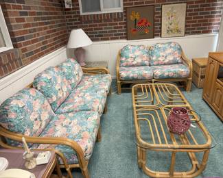 Rattan Florida room couch, loveseat, coffee table, end table -