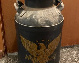 LOT 541 BLACK METAL MILK CAN W GOLD AMERICAN EAGLE
