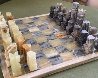 LOT 13 EBONY STONE HARD CARVED CHESS SET COMPLETE