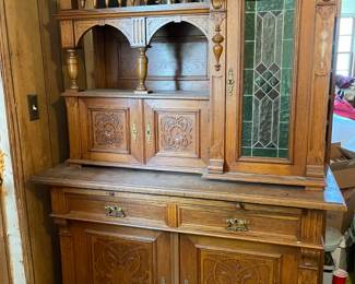 LOT 504 FROM GERMANY SOLID WOOD 2 PIECE SIDEBOARD W STAINED GLASS INCREDIBLE PIECE OF FURNITURE!