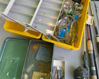 LOTS 1115 - 1121 FISHING BOXES RODS REELS BAIT TACKLE