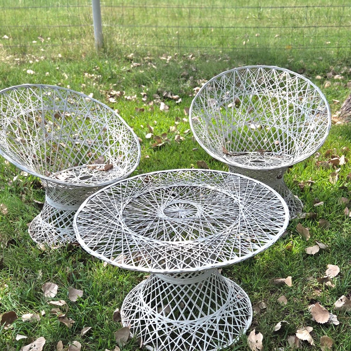 Mid Centry Modern peacock chairs and table. Russell Woodard coated split bamboo?