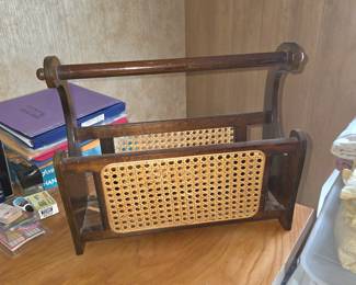 Vintage wooden and wicker magazine holder 