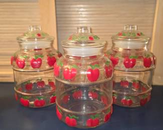 Vintage glass canister set. Red apple painted.