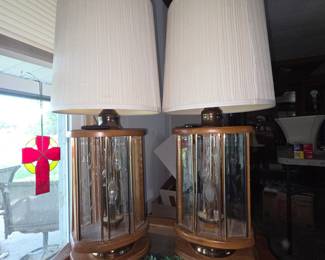 Matching pair of mid century modern etched glass wooden lamps