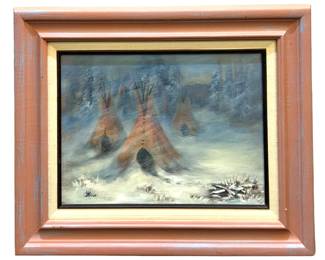 Signed Snowy Tipi Oil on Canvas