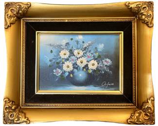 Signed Blue Toned Floral Oil Still Life on Canvas