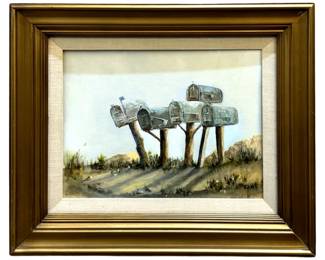 Signed Rane Mailbox Landscape Oil on Panel