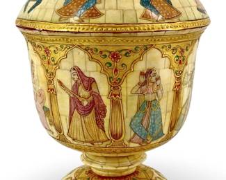 Hand Painted Bone Paneled Footed Wood Jar