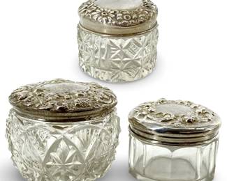 3pc Art Nouveau Glass Sterling Lidded Jars