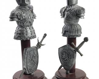 (2) Resin Wood Medieval Knights Warrior Sculptures