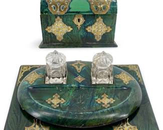 Old Painted Wood and Brass Chest and Inkwell