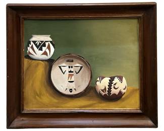 Signed E.M. Miller American Pottery Still Life Oil