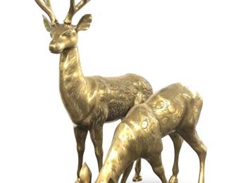 (2) MCM Large Brass Buck & Doe Sculptures