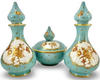 3pc Blue Painted Limoges French Porcelain Dishes