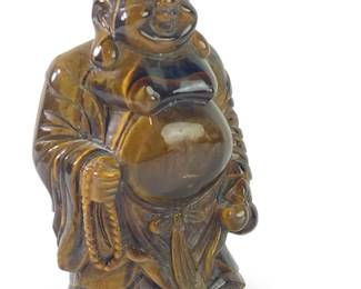 Hand Carved Tigers Eye Laughing Buddha Sculpture
