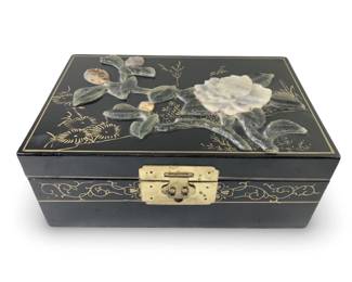 Black Lacquer Chinese Jade Floral Jewelry Box