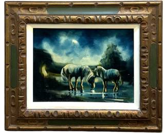 Signed Beautiful Horse Landscape Oil on Canvas