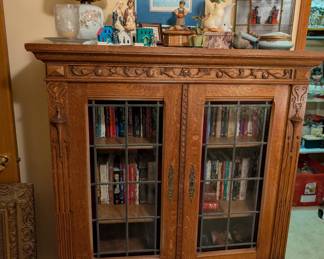 Stained glass oak bookcase