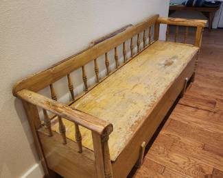 77 inches long.  Primitive painted storage bench