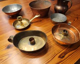 various copper, brass and metal pots and vessels