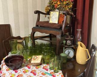 Vintage wood table. Vintage wood chair.Yellow pitcher. Dishwasher.
