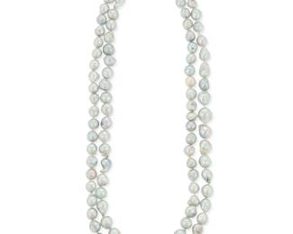 1023
A 14K Gold and Colored Cultured Pearl Necklace
Featuring two strand of graduated gray baroque cultured pearls measuring approximately 7.10-10.40 mm, finished with a gold and diamond set flower clasp
Length: 21 1/2 in.
111.4 grams gross
Estimate: $800 - $1,200