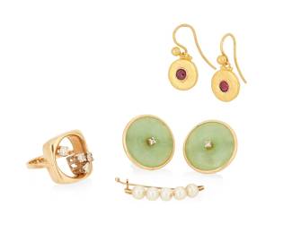 1122
A Group of Gold and Gem-Set Jewelry
Including a 14k gold and cultured pearl pin, a pair of 14k gold and jade disc earrings, a 14k gold and diamond ring and a pair of 22k gold and ruby earrings
6 pieces
Ring: 1 3/4, Earrings: 5/8-1 in.
15.2 grams gross
Estimate: $500 - $700