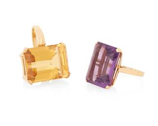 1128
A 14K Gold and Citrine Pendant and Amethyst Ring
Featuring a cut-cornered rectangular step-cut citrine weighing approximately 27.60 carats and amethyst weighing approximately 18.89 carats
2 pieces
Size: 6 1/2, Pendant: 1 x 3/4 in.
20.1 grams gross
Estimate: $1,000 - $2,000