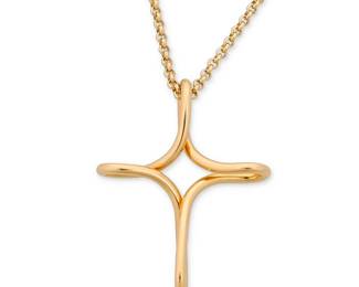 1100
Tiffany & Co. and John Hardy: An 18K Gold Cross Pendant Necklace
Featuring a Elsa Peretti for Tiffany and Co. cross suspended from a John Hardy chain
Length: 18 in., Pendant: 1 1/2 x 1 in.
12.44 grams gross
Estimate: $500 - $700