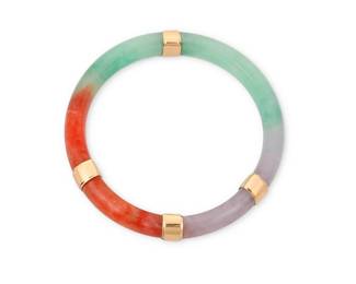 1065
An 18K Gold and Jade Bangle
Featuring ombre jade sections of green, red and lavender finished with 18k gold band dividers
Inner circumference: 8 1/2
63.7 grams gross
Estimate: $800 - $1,200