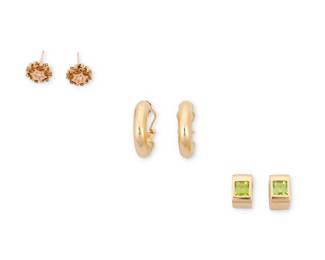 1090
A Group of Gold and Gem-Set Earrings
Including three pairs featuring rectangular step-cut peridot and round diamonds
6 pieces
Measures: 3/8 - 7/8 in.
13.0 grams gross
Estimate: $700 - $900