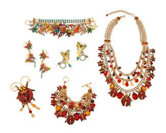 1159
A Group of "Lunch at the Ritz" Costume Jewelry
Featuring insect-themed gold-toned and mixed metal jewelry with multicolored enamel and diamanté accents including a butterfly motif chain link charm bracelet with two pairs of butterfly earrings, together with a set of lady bug jewelry including a festoon three-chain charm necklace with a matching chain link bracelet and a lady bug brooch with articulated wings
8 pieces
Necklace: 20 in.; Bracelets: 7 1/2 in.; Earrings: 3 in. & 2 in.; Brooch: 4 in. x 2 in.
356.3 grams gross
Estimate: $200 - $400